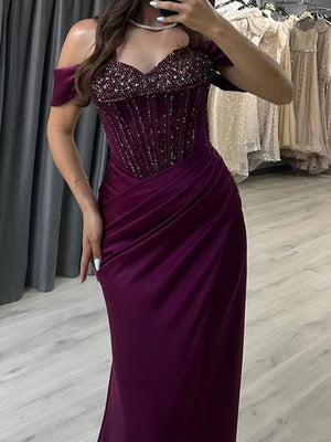 Sheath Off-the-Shoulder Beading Floor-Length Silk Like Satin Corset Prom Dress