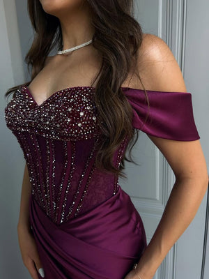 Sheath Off-the-Shoulder Beading Floor-Length Silk Like Satin Corset Prom Dress