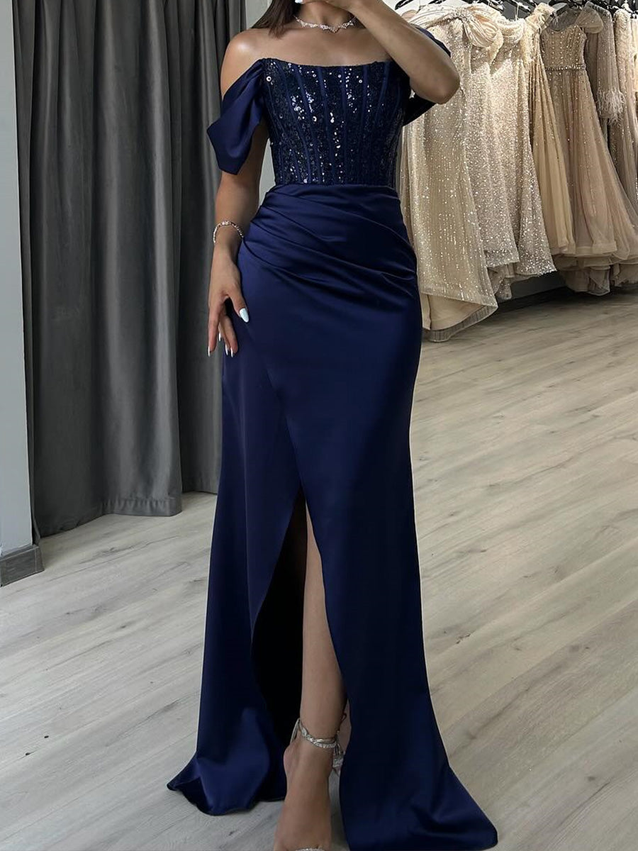 Sheath Off-the-Shoulder Sequin Floor-Length Silk Like Satin Corset Prom Dress