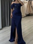 Sheath Off-the-Shoulder Sequin Floor-Length Silk Like Satin Corset Prom Dress