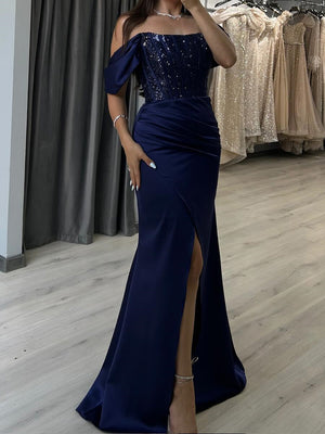 Sheath Off-the-Shoulder Sequin Floor-Length Silk Like Satin Corset Prom Dress