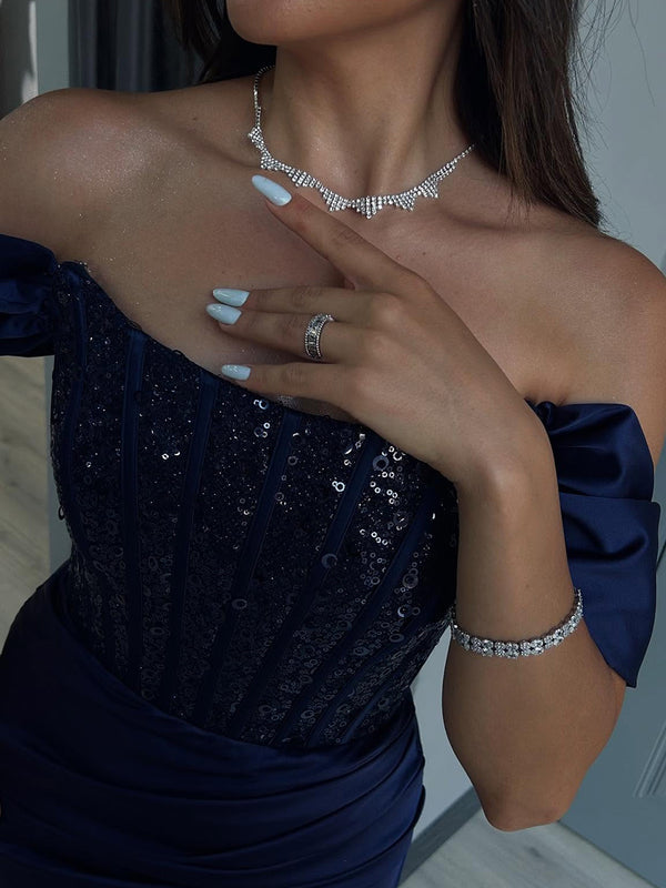 Sheath Off-the-Shoulder Sequin Floor-Length Silk Like Satin Corset Prom Dress