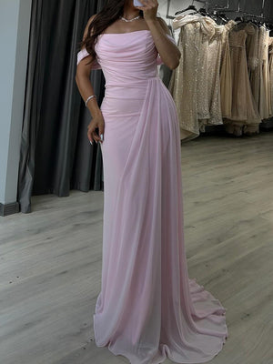 Sheath Off-the-Shoulder Pleated Sweep Train Chiffon Corset Prom Dress