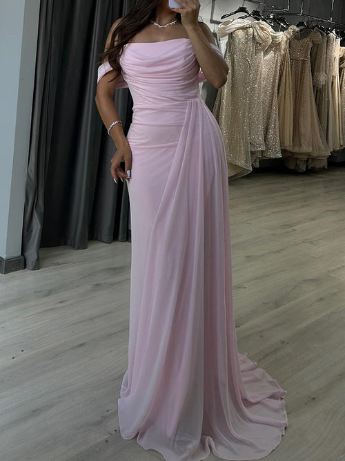 Sheath Off-the-Shoulder Pleated Sweep Train Chiffon Corset Prom Dress