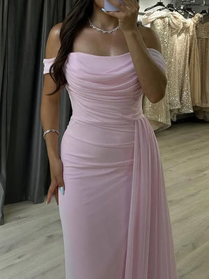 Sheath Off-the-Shoulder Pleated Sweep Train Chiffon Corset Prom Dress
