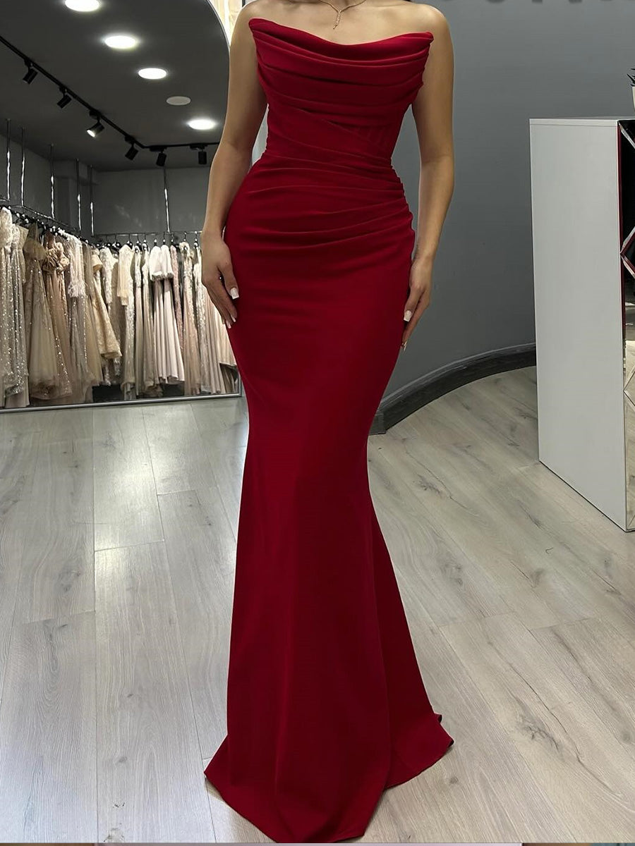 Sheath Straight Pleated Floor-Length Stretch Crepe Prom Dress