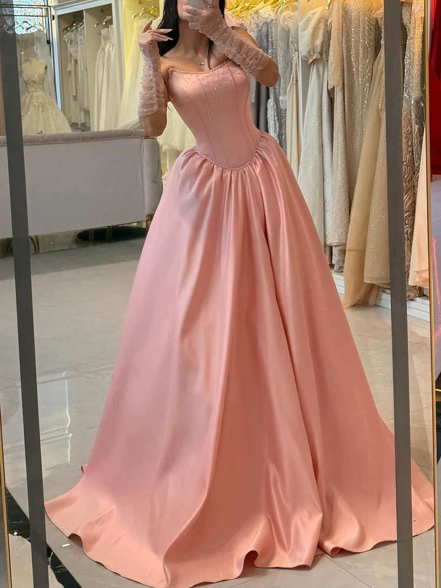 A-line Straight Beading Sweep Train Satin Corset Prom Dress
