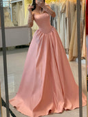 A-line Straight Beading Sweep Train Satin Corset Prom Dress