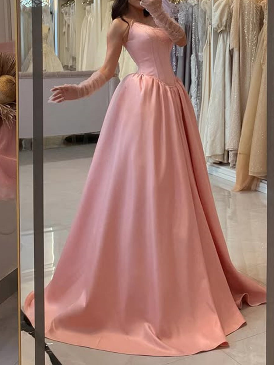 A-line Straight Beading Sweep Train Satin Corset Prom Dress