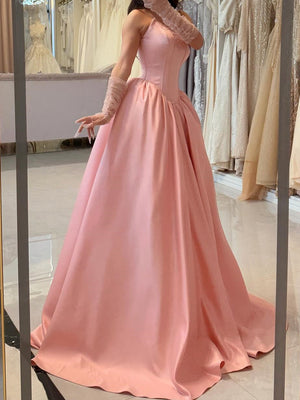 A-line Straight Beading Sweep Train Satin Corset Prom Dress
