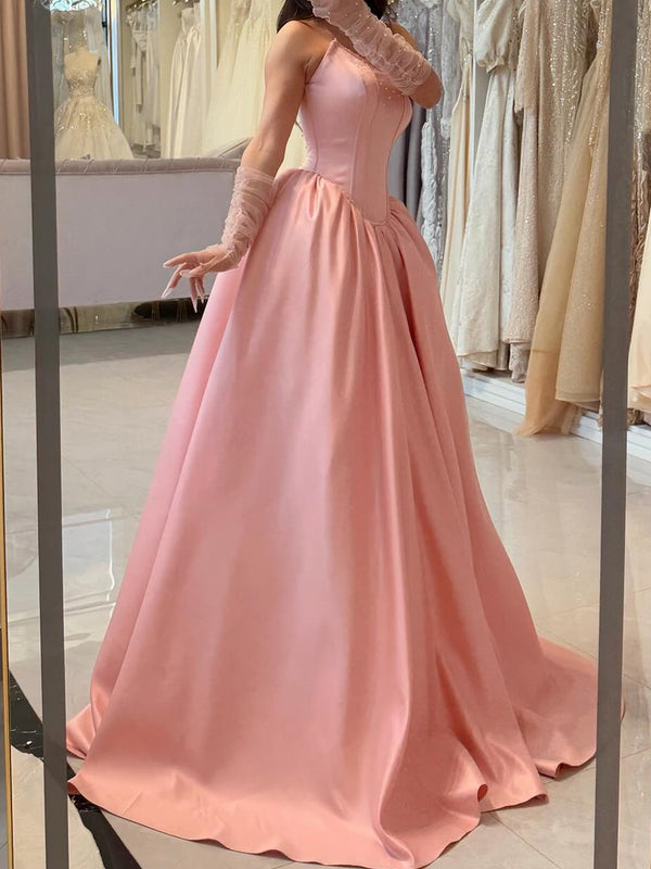 A-line Straight Beading Sweep Train Satin Corset Prom Dress