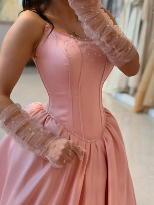 A-line Straight Beading Sweep Train Satin Corset Prom Dress