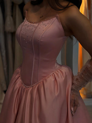 A-line Straight Beading Sweep Train Satin Corset Prom Dress