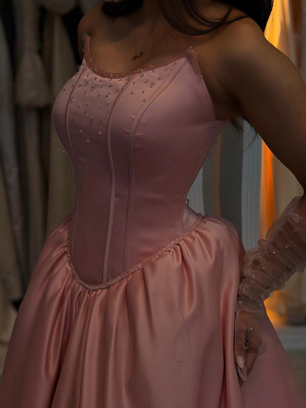 A-line Straight Beading Sweep Train Satin Corset Prom Dress