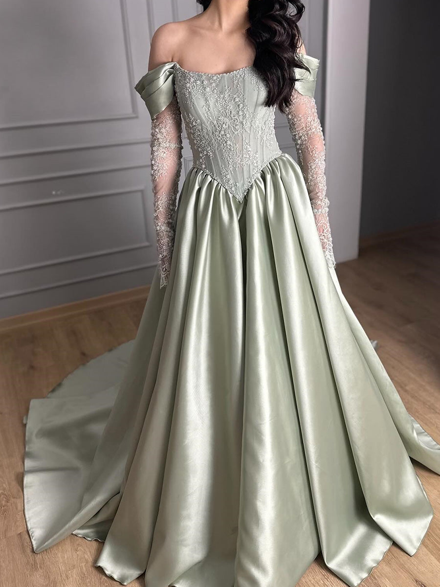 A-line Off-the-Shoulder Long Sleeves Appliques Lace Court Train Satin Corset Prom Dress