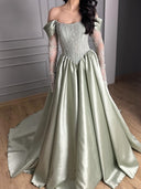 A-line Off-the-Shoulder Long Sleeves Appliques Lace Court Train Satin Corset Prom Dress