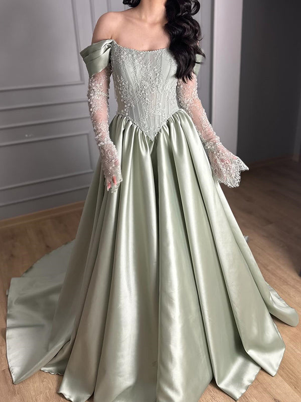A-line Off-the-Shoulder Long Sleeves Appliques Lace Court Train Satin Corset Prom Dress