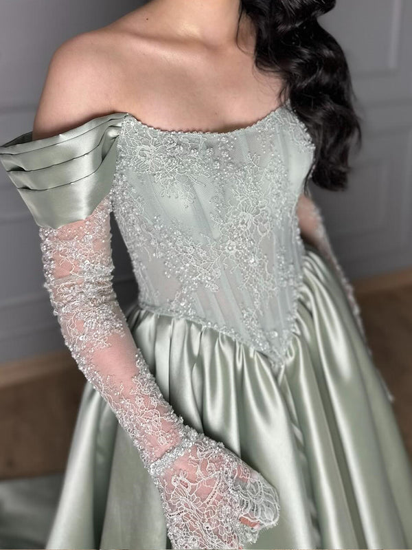 A-line Off-the-Shoulder Long Sleeves Appliques Lace Court Train Satin Corset Prom Dress