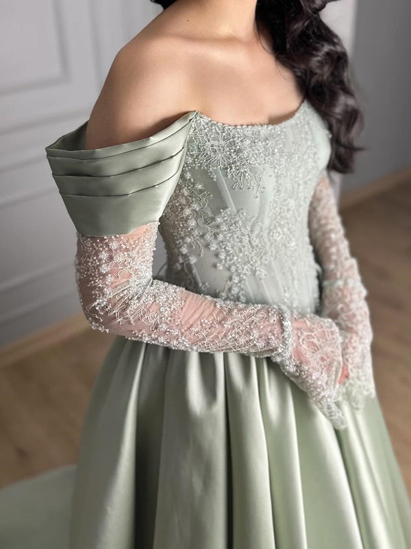 A-line Off-the-Shoulder Long Sleeves Appliques Lace Court Train Satin Corset Prom Dress