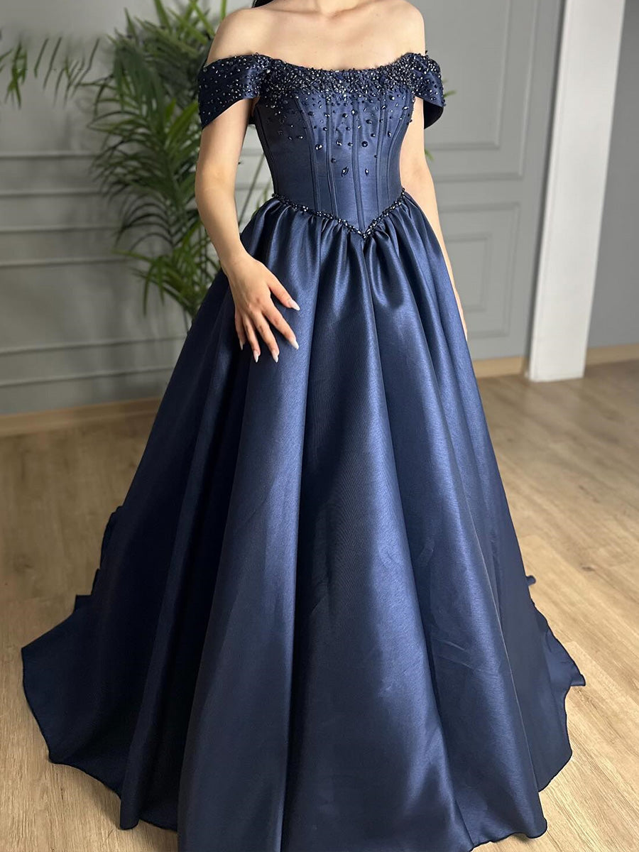 A-line Off-the-Shoulder Rhinestone Court Train Satin Corset Prom Dress