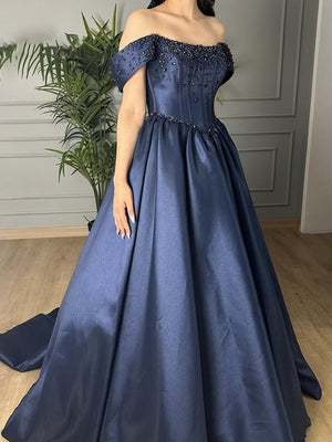 A-line Off-the-Shoulder Rhinestone Court Train Satin Corset Prom Dress