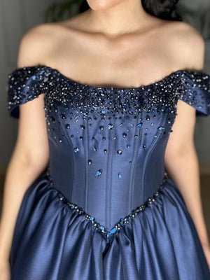 A-line Off-the-Shoulder Rhinestone Court Train Satin Corset Prom Dress