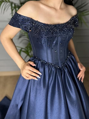 A-line Off-the-Shoulder Rhinestone Court Train Satin Corset Prom Dress