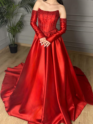 A-line Straight Rhinestone Court Train Satin Corset Prom Dress