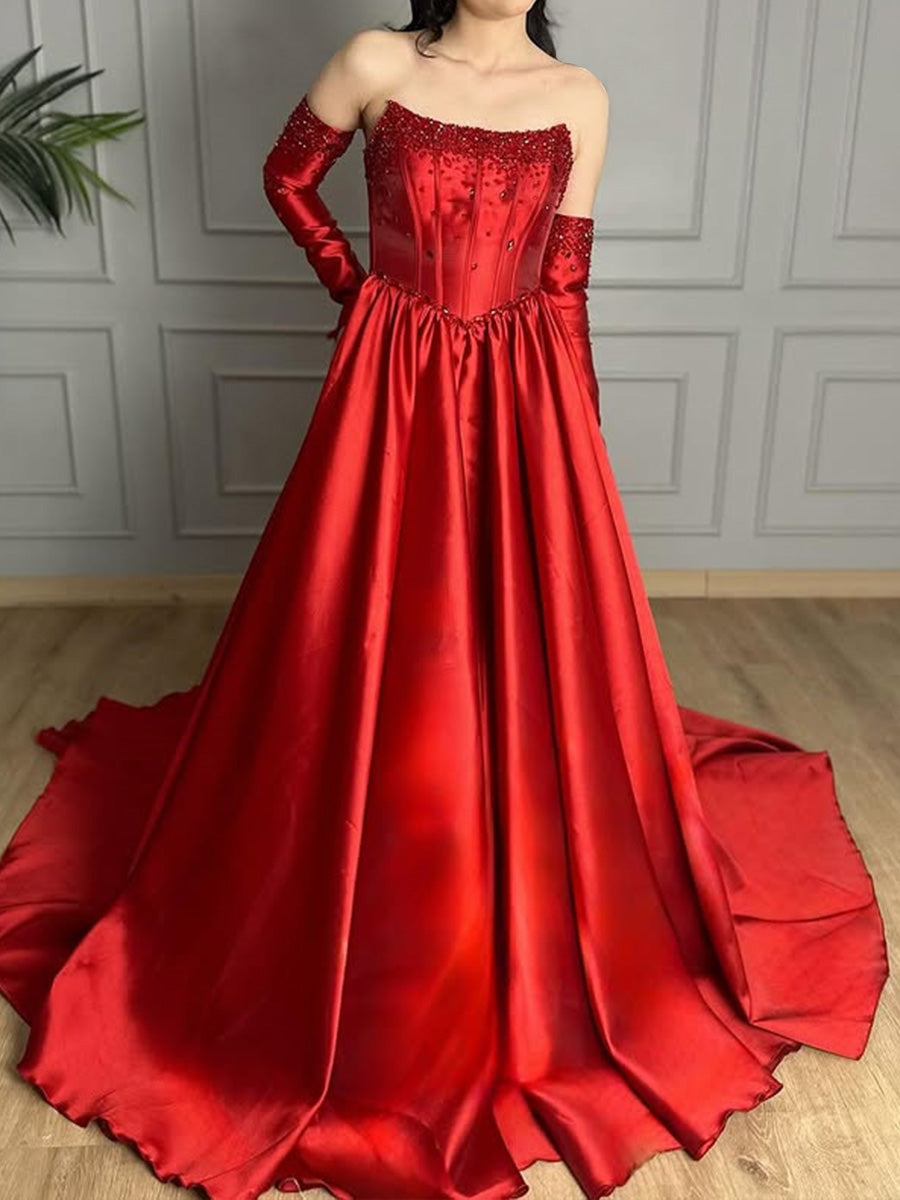 A-line Straight Rhinestone Court Train Satin Corset Prom Dress