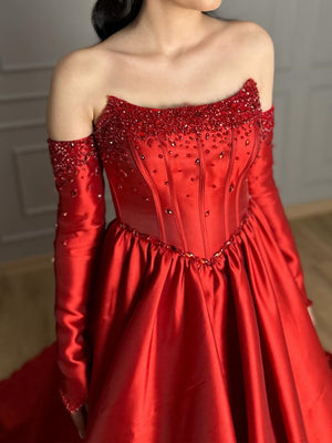 A-line Straight Rhinestone Court Train Satin Corset Prom Dress