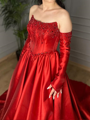 A-line Straight Rhinestone Court Train Satin Corset Prom Dress