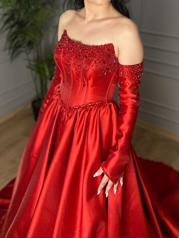 A-line Straight Rhinestone Court Train Satin Corset Prom Dress