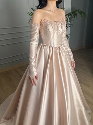 A-line Straight Rhinestone Court Train Satin Corset Prom Dress