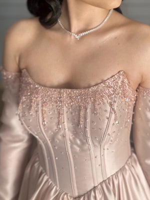 A-line Straight Rhinestone Court Train Satin Corset Prom Dress