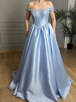 A-line Off-the-Shoulder Ruffles Court Train Satin Corset Prom Dress