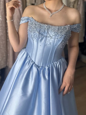 A-line Off-the-Shoulder Ruffles Court Train Satin Corset Prom Dress