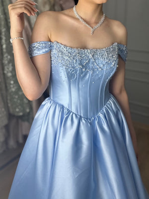 A-line Off-the-Shoulder Ruffles Court Train Satin Corset Prom Dress