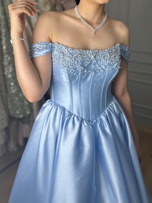 A-line Off-the-Shoulder Ruffles Court Train Satin Corset Prom Dress