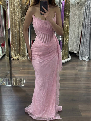 Sheath Straight Appliques Lace Floor-Length Lace Corset Prom Dress