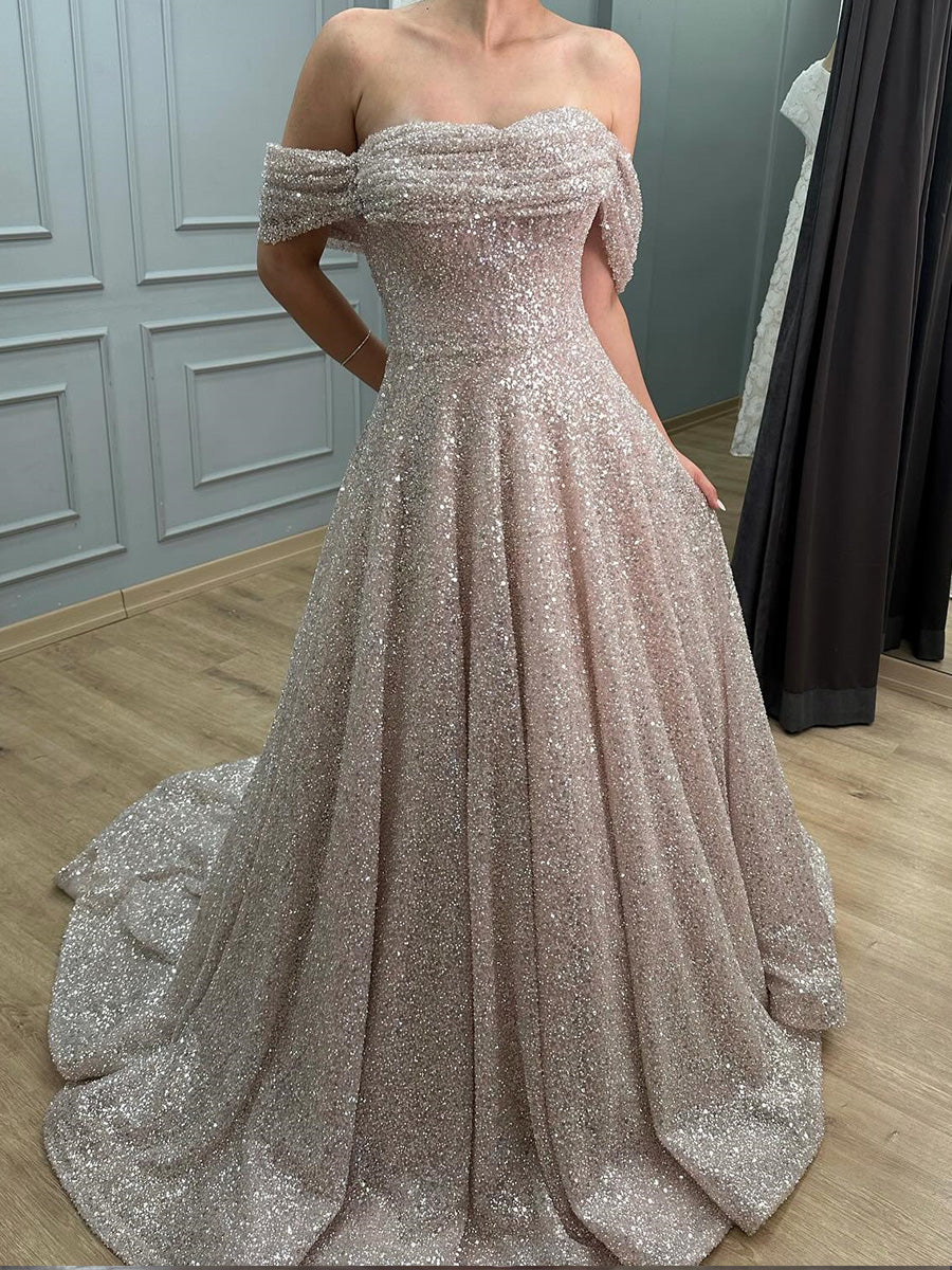 A-line Off-the-Shoulder Pleated Court Train Prom Dress