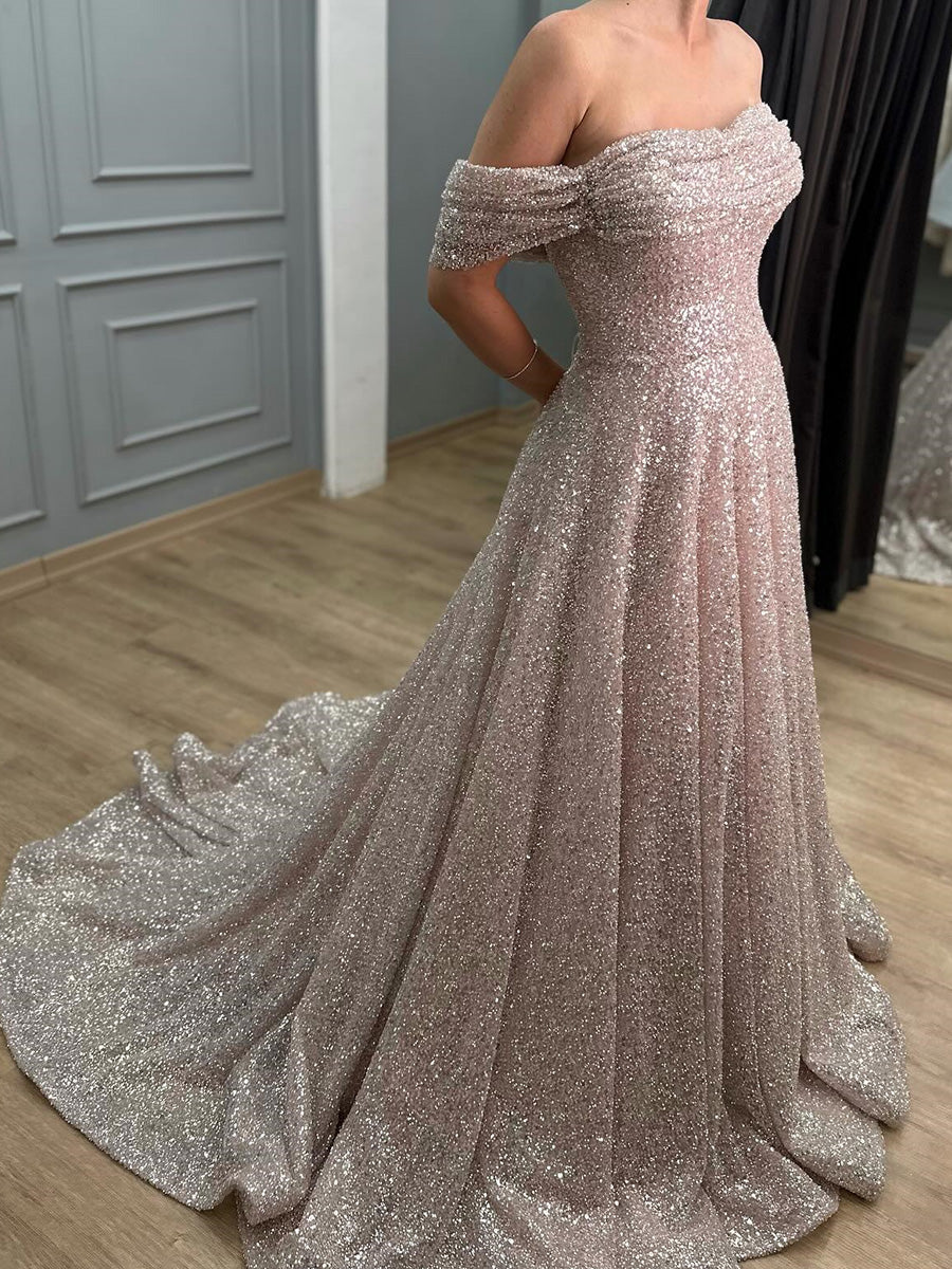 A-line Off-the-Shoulder Pleated Court Train Prom Dress