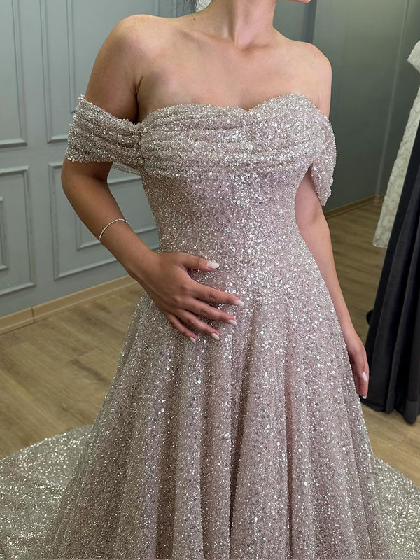 A-line Off-the-Shoulder Pleated Court Train Prom Dress