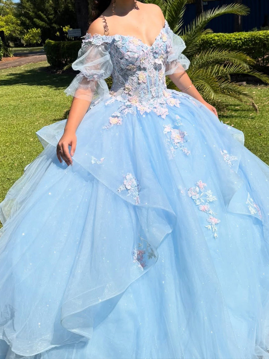 Ball-Gown Off-the-Shoulder 1/2 Sleeves Appliques Lace Sweep Train Tulle Corset Prom Dress