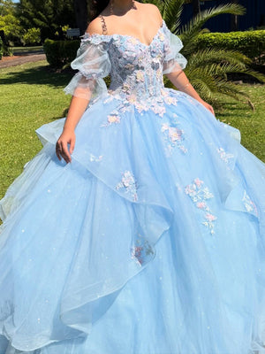 Ball-Gown Off-the-Shoulder 1/2 Sleeves Appliques Lace Sweep Train Tulle Corset Prom Dress
