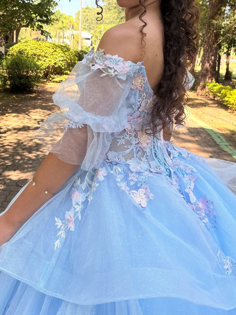 Ball-Gown Off-the-Shoulder 1/2 Sleeves Appliques Lace Sweep Train Tulle Corset Prom Dress