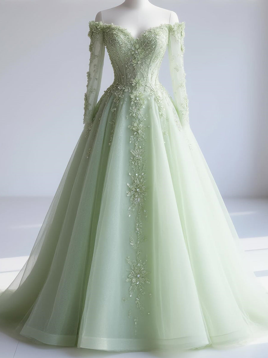 A-line Off-the-Shoulder Long Sleeves Appliques Lace Sweep Train Tulle Corset Prom Dress