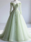 A-line Off-the-Shoulder Long Sleeves Appliques Lace Sweep Train Tulle Corset Prom Dress