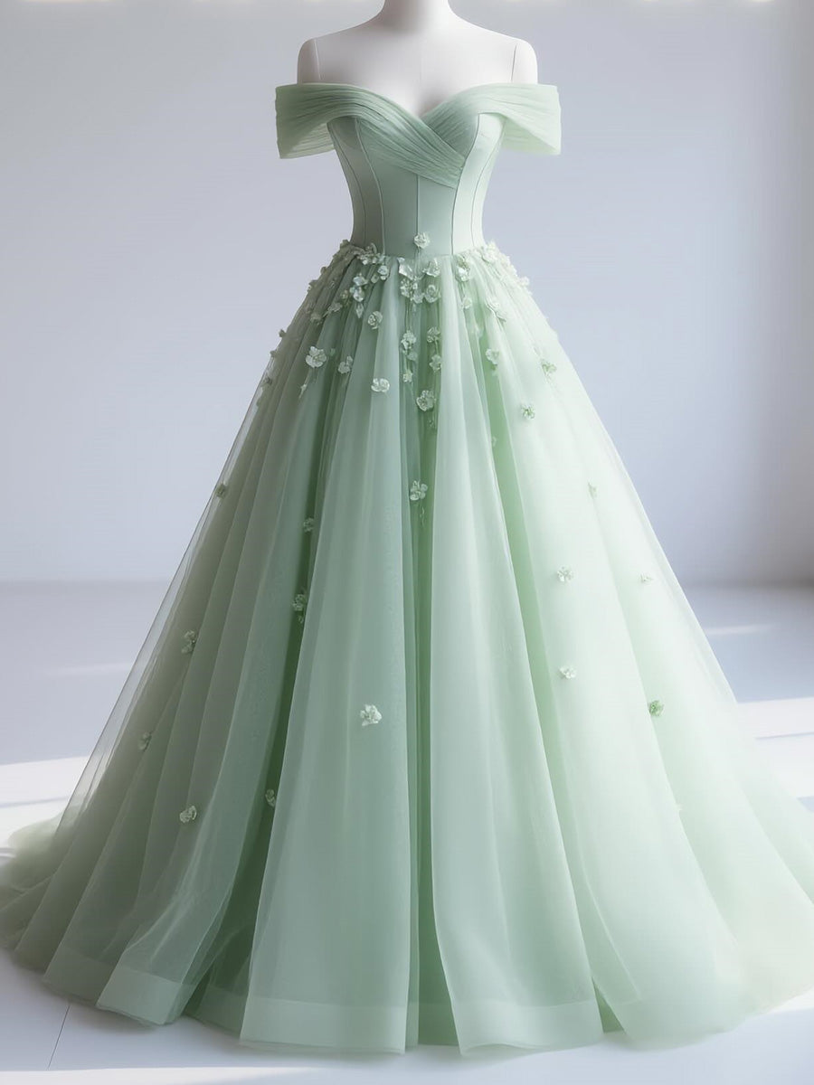 A-line Off-the-Shoulder Flower Sweep Train Tulle Corset Prom Dress