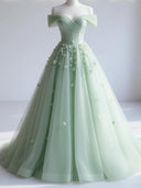 A-line Off-the-Shoulder Flower Sweep Train Tulle Corset Prom Dress