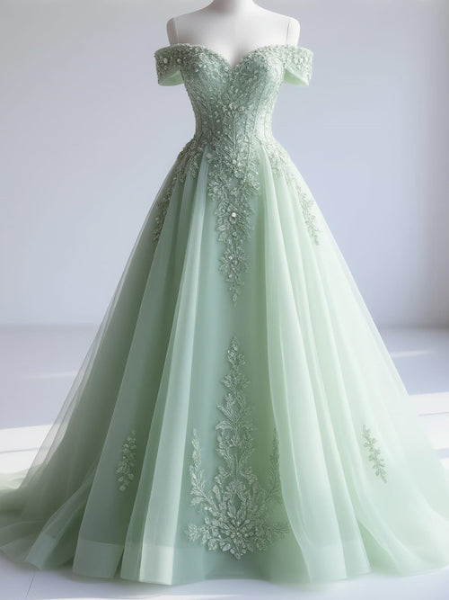 A-line Off-the-Shoulder Appliques Lace Sweep Train Tulle Corset Prom Dress